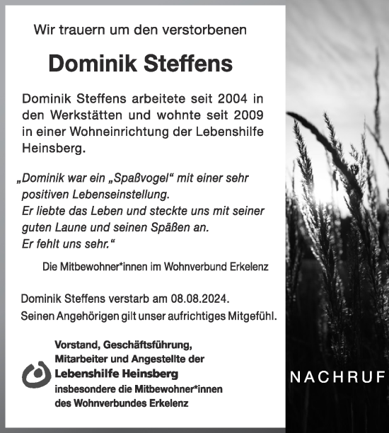 Traueranzeige von Dominik Steffens von Zeitung am Sonntag