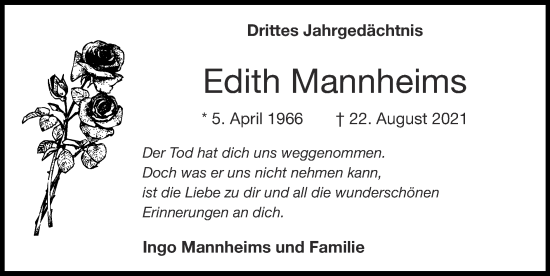 Traueranzeige von Edith Mannheims von Zeitung am Sonntag