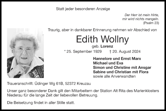 Traueranzeige von Edith Wollny von Zeitung am Sonntag