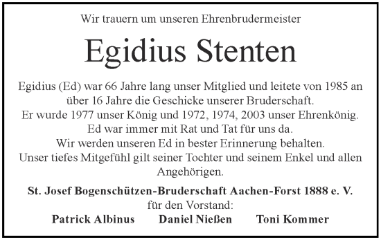 Traueranzeige von Egidius Stenten von Zeitung am Sonntag
