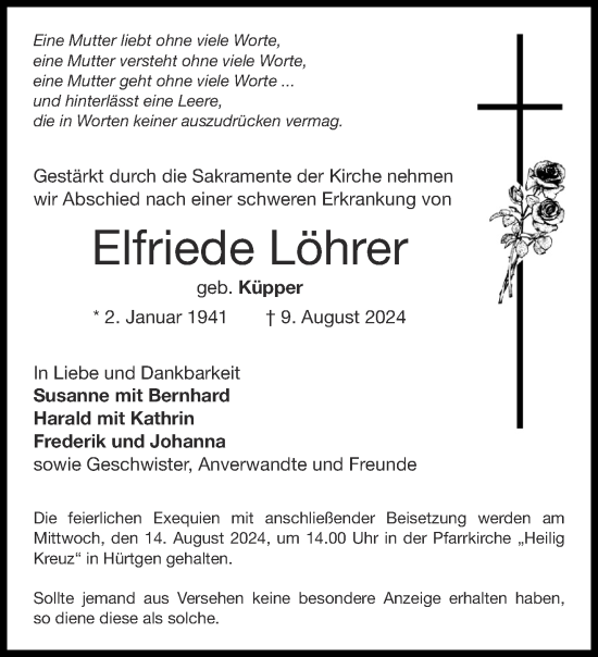 Traueranzeige von Elfriede Löhrer von Aachener Zeitung