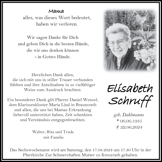 Traueranzeige von Elisabeth Schruff von Aachener Zeitung