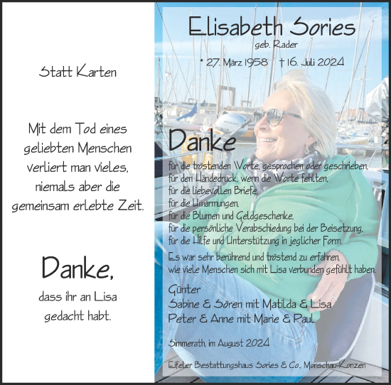 Traueranzeige von Elisabeth Sories von Zeitung am Sonntag