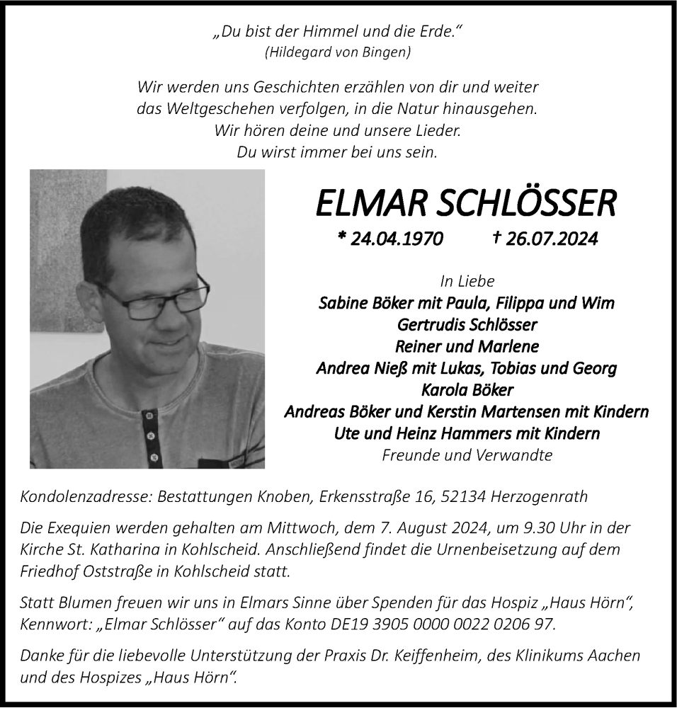  Traueranzeige für Elmar Schlösser vom 04.08.2024 aus Zeitung am Sonntag