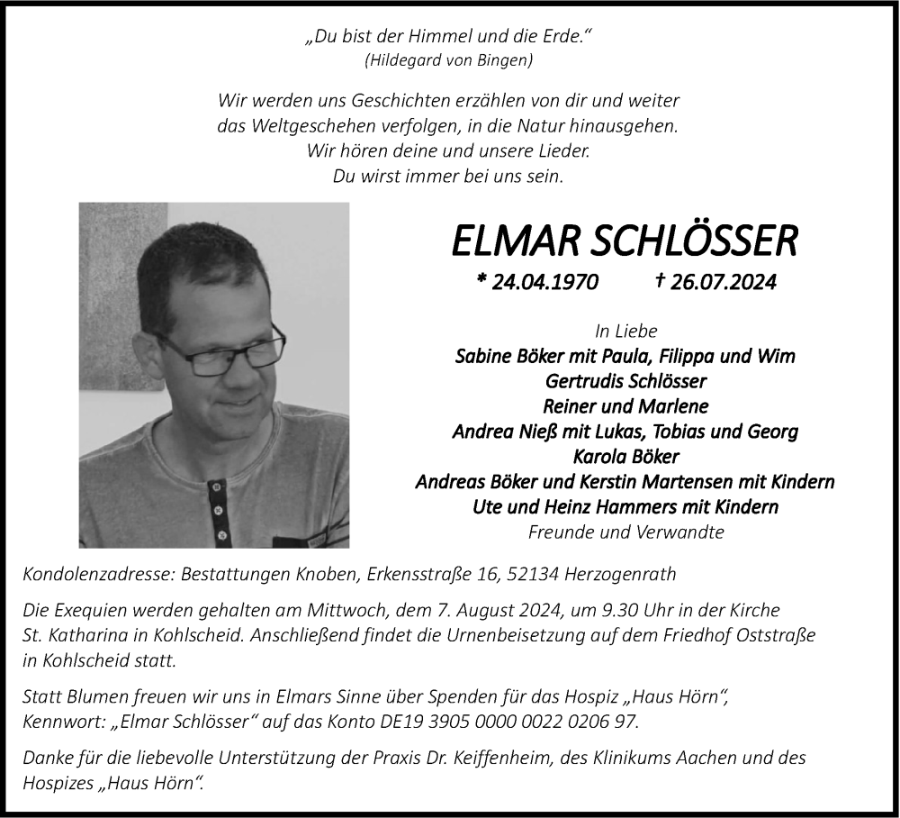  Traueranzeige für Elmar Schlösser vom 03.08.2024 aus Aachener Zeitung