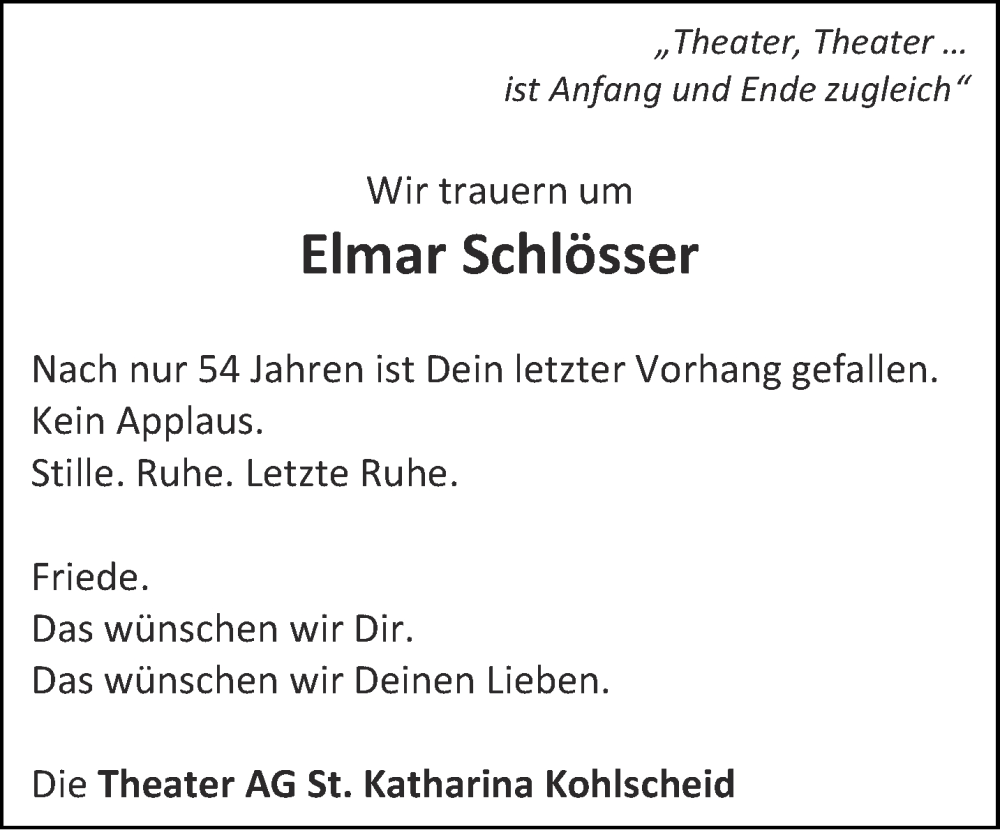  Traueranzeige für Elmar Schlösser vom 03.08.2024 aus Aachener Zeitung