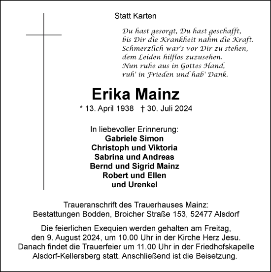 Traueranzeige von Erika Mainz von Zeitung am Sonntag