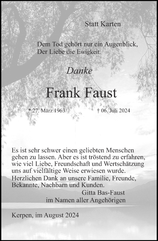 Traueranzeige von Frank Faust von Zeitung am Sonntag