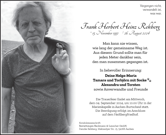 Traueranzeige von Frank Herbert Heinz Rehberg von Aachener Zeitung