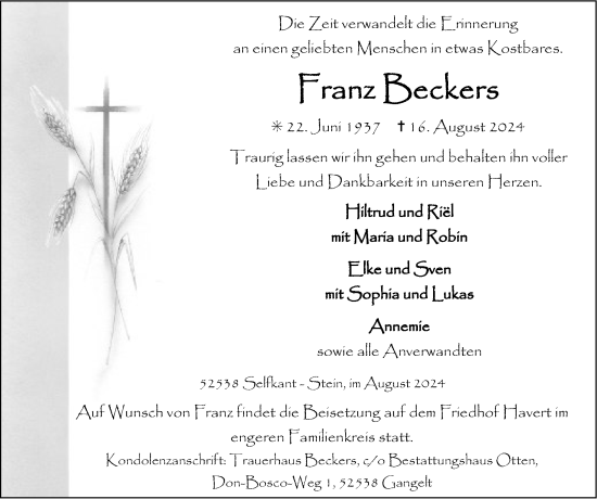 Traueranzeige von Franz Beckers von Zeitung am Sonntag
