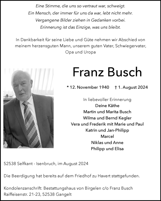 Traueranzeige von Franz Busch von Zeitung am Sonntag