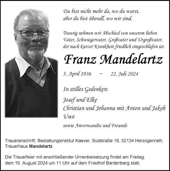 Traueranzeige von Franz Mandelartz von Zeitung am Sonntag