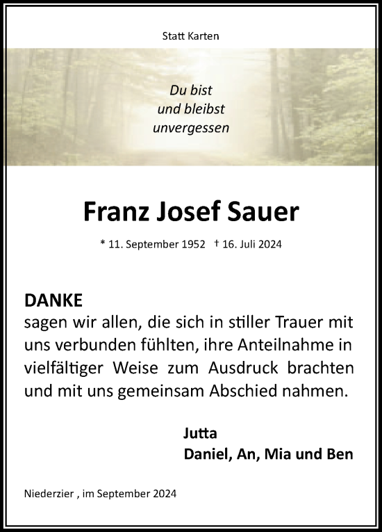 Traueranzeige von Franz Josef Sauer von Zeitung am Sonntag