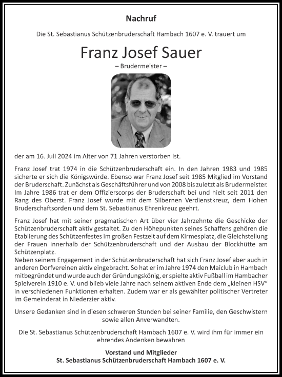 Traueranzeige von Franz Josef Sauer von Zeitung am Sonntag