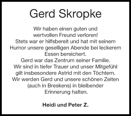 Traueranzeige von Gerd Skropke von Zeitung am Sonntag