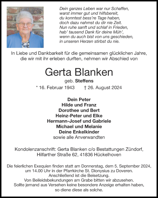 Traueranzeige von Gerta Blanken von Zeitung am Sonntag