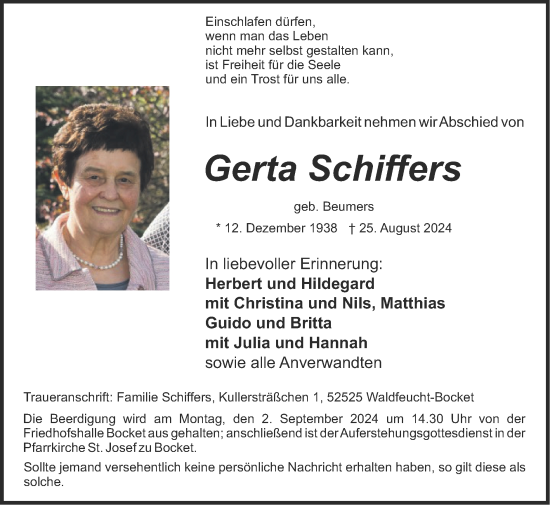Traueranzeige von Gerta Schiffers von Zeitung am Sonntag