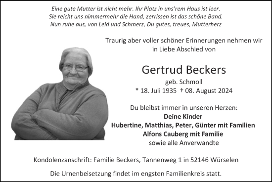 Traueranzeige von Gertrud Beckers von Zeitung am Sonntag