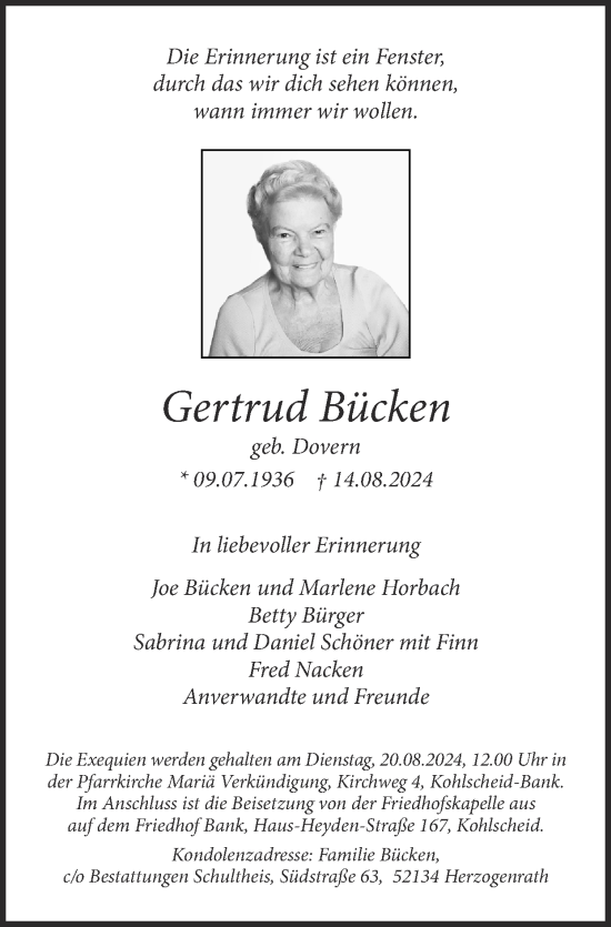 Traueranzeige von Gertrud Bücken von Zeitung am Sonntag