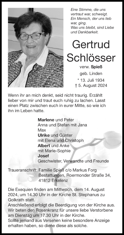 Traueranzeige von Gertrud Schlösser von Zeitung am Sonntag