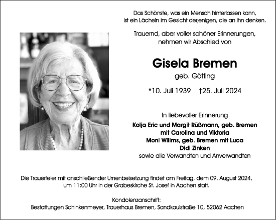Traueranzeige von Gisela Bremen von Aachener Zeitung
