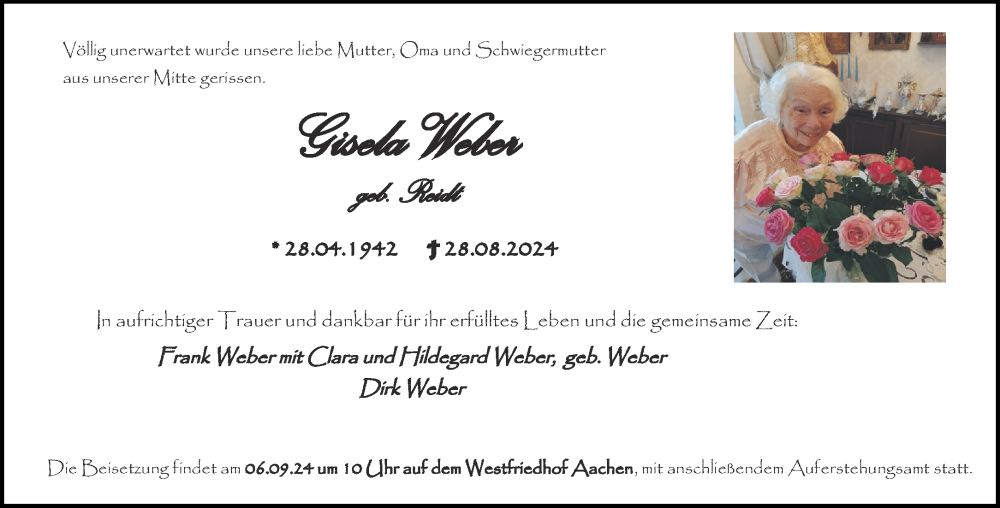  Traueranzeige für Gisela Weber vom 31.08.2024 aus Aachener Zeitung