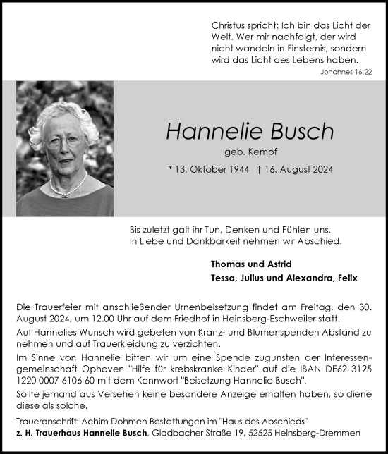 Traueranzeige von Hannelie Busch von Zeitung am Sonntag