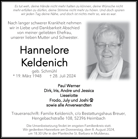 Traueranzeige von Hannelore Keldenich von Zeitung am Sonntag