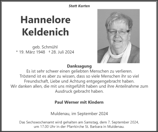 Traueranzeige von Hannelore Keldenich von Zeitung am Sonntag