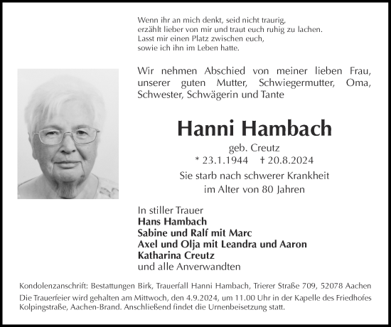 Traueranzeige von Hanni Hambach von Zeitung am Sonntag