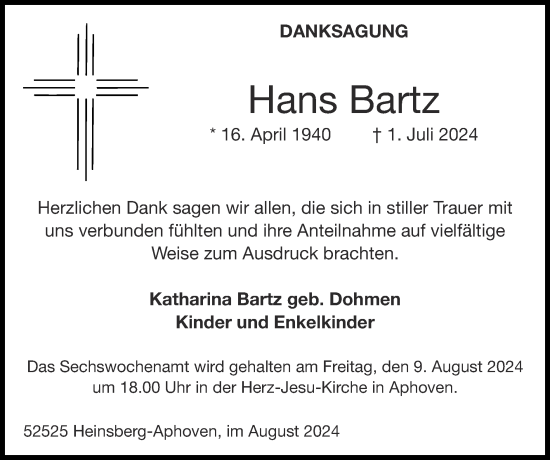 Traueranzeige von Hans Bartz von Zeitung am Sonntag