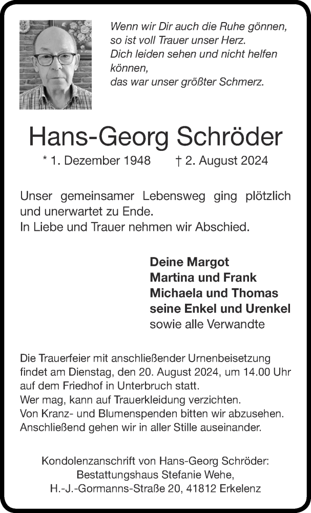  Traueranzeige für Hans-Georg Schröder vom 11.08.2024 aus Zeitung am Sonntag