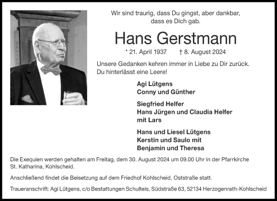 Traueranzeige von Hans Gerstmann von Aachener Zeitung