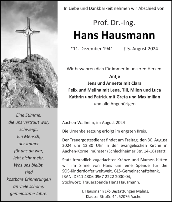 Traueranzeige von Hans Hausmann von Zeitung am Sonntag