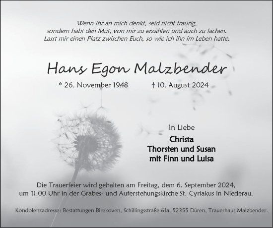 Traueranzeige von Hans Egon Malzbender von Zeitung am Sonntag