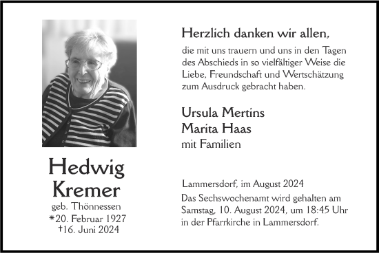 Traueranzeige von Hedwig Kremer von Zeitung am Sonntag