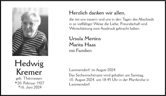 Traueranzeige von Hedwig Kremer von Aachener Zeitung