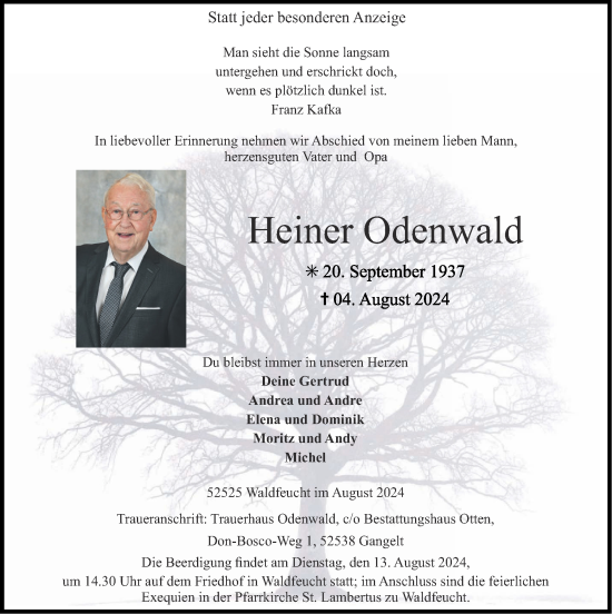 Traueranzeige von Heiner Odenwald von Zeitung am Sonntag