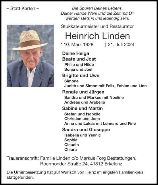 Traueranzeige von Heinrich Linden von Zeitung am Sonntag