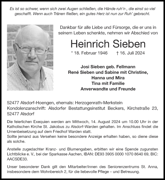 Traueranzeige von Heinrich Sieben von Zeitung am Sonntag