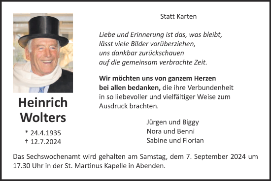 Traueranzeige von Heinrich Wolters von Zeitung am Sonntag