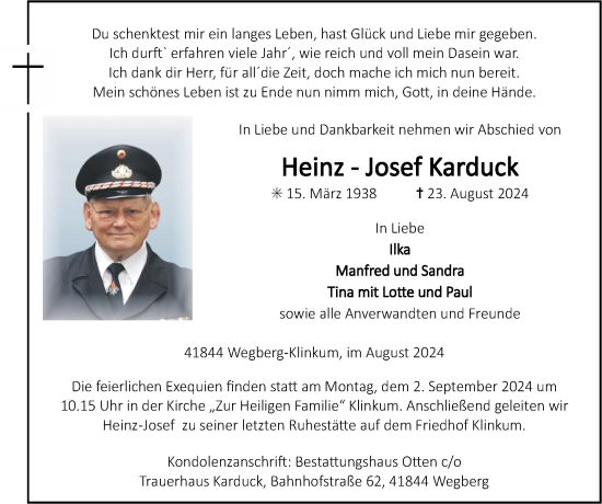 Traueranzeige von Heinz-Josef Karduck von Zeitung am Sonntag