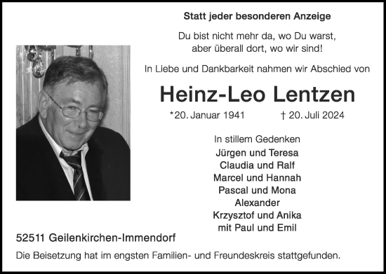 Traueranzeige von Heinz-Leo Lentzen von Zeitung am Sonntag