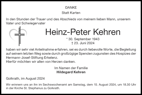 Traueranzeige von Heinz-Peter Kehren von Zeitung am Sonntag