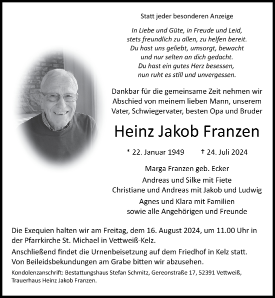Traueranzeige von Heinz Jakob Franzen von Zeitung am Sonntag