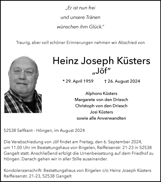 Traueranzeige von Heinz Joseph Küsters von Zeitung am Sonntag