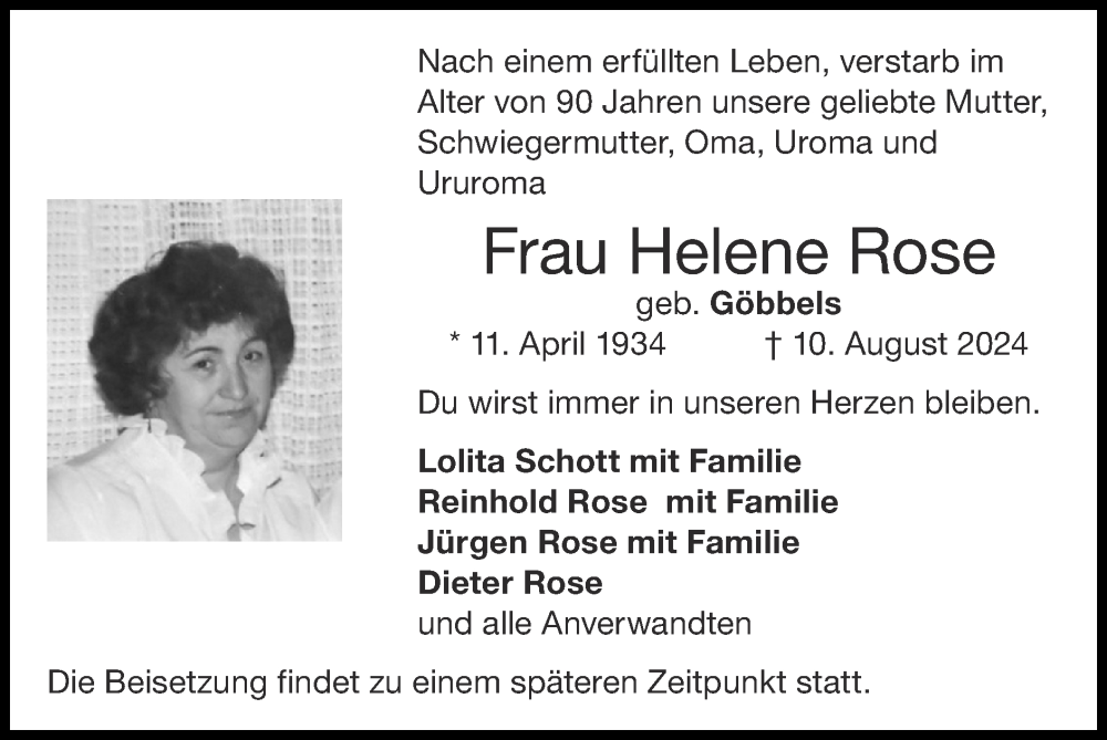  Traueranzeige für Helene Rose vom 18.08.2024 aus Zeitung am Sonntag