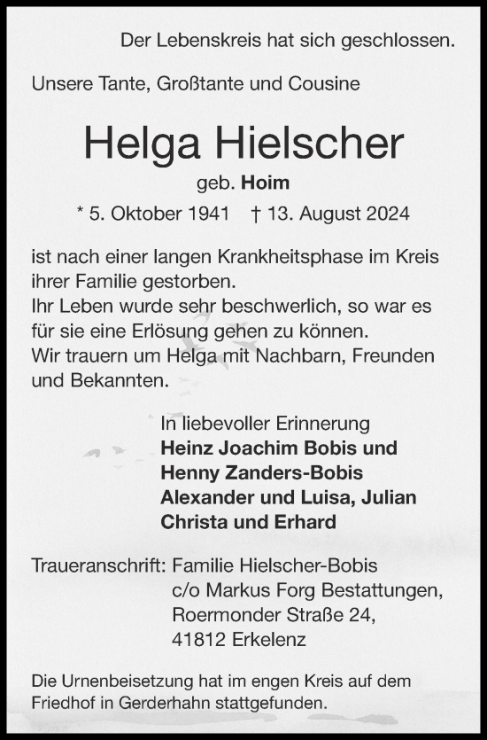 Traueranzeige von Helga Hielscher von Zeitung am Sonntag