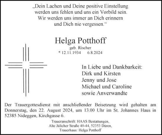 Traueranzeige von Helga Potthoff von Zeitung am Sonntag