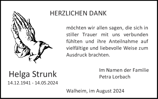 Traueranzeige von Helga Strunk von Zeitung am Sonntag